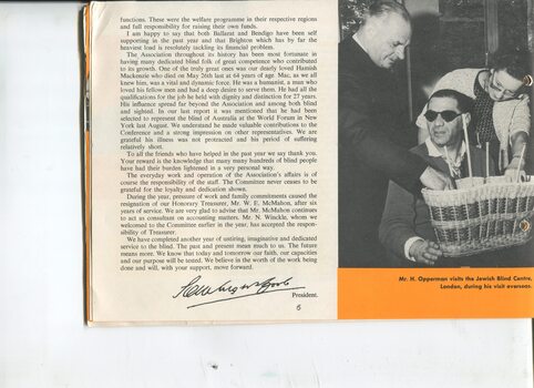 President's report with picture of Hubert Opperman looking at canework at the Jewish Blind Centre in London