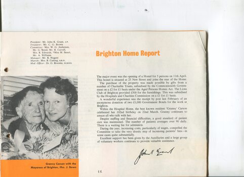 Brighton Home report with picture of "Grannie" Carson and Brighton Mayoress Mrs J Bown