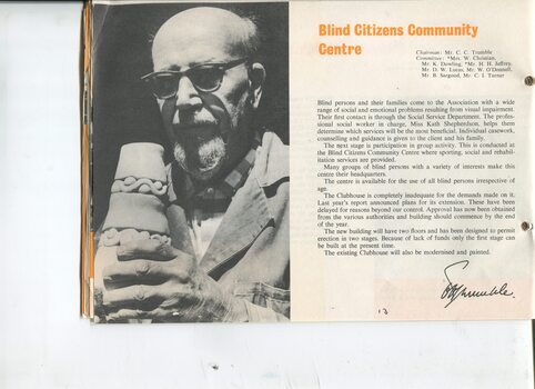 Blind Citizens Community Centre with picture of man holding a piece of pottery