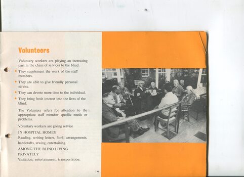 Description of what roles volunteers undertaken and picture of a man reading a newspaper to residents
