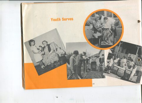 Four images with children: girl giving flowers to a resident, a girl guide reads to an elderly woman, boys doing gardening and a girl buying at a Lucky Dip stall