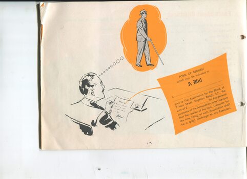 Drawing of man thinking about a blind man, whilst holding his will and information on how to give a Bequest