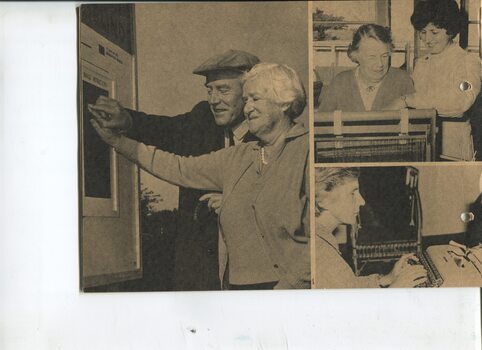 Three pictures: man helping woman to read Braille sign, woman using a loom and woman typing
