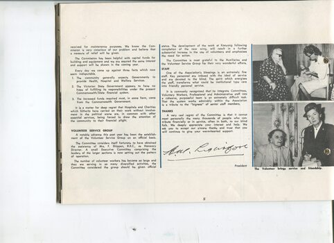 President's report with two pictures of a woman darning a garment whilst another looks on and another writing a letter for a elderly woman