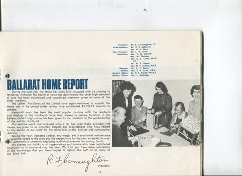 Ballarat Home report with picture of people weaving cane chair bases with assistance