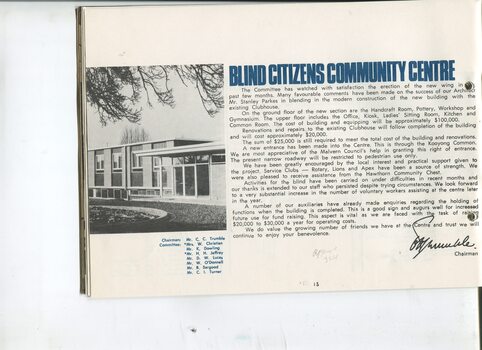 Blind Citizens Community centre with photograph of new wing