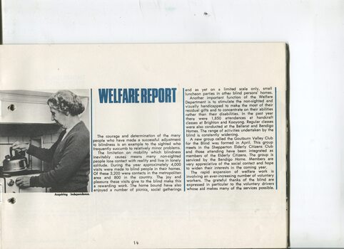 Overview of Welfare Services and photograph of woman putting a kettle on the stove