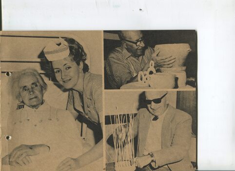 Three photographs: nurse with elderly resident, man weaving cane and man at a potter's wheel