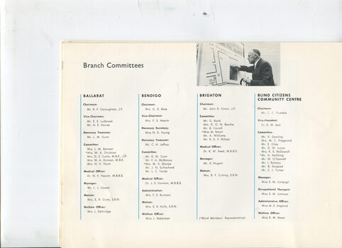 List of committee and senior staff at homes and Blind Citizens Community centre with picture of man reading a notice on a map