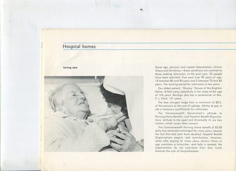 Overview of hospital homes and picture of elderly woman in bed feeling a nurse's face
