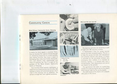 Images and overview of Blind Citizens community centre, with cooking, bowls, reading Braille, weaving and telling time shown