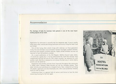 Overview of accommodation problems and picture of 'Hostel Association for the Blind' sign on gate with 3 women outside the home