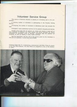 Overview of Volunteer Servies Group and photograph of E.A. Soderstrom communicating with deaf blind woman Miss Tobias