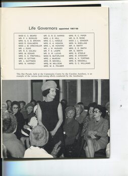 List of Life Governors appointed and photograph of women watching a model during a Hat Parade to raise funds