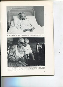 Photographs of Mrs Laura Clarke aged 103 and W.H. Coackley sawing under the eye of K.F. Hosken