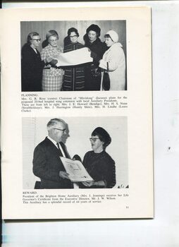Photograph of Kitty Rose looking at Mirridong expansion plans with local Auxiliary presidents and Mrs I Jennings receves Life Governorship from John Wilson