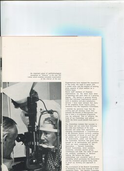 President's report outlining activities and challenges over the past year and photograph of woman being diagnosed with help of Slit lamp