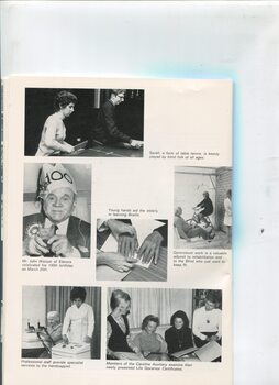 People playing swish and exercising, learning braille, John Watson celebrating turning 100, woman looking at certificates, staff operating a machine for a woman
