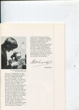 President's report outlining activities and challenges over the past year and photograph of woman being examined at Low Vision clinic.