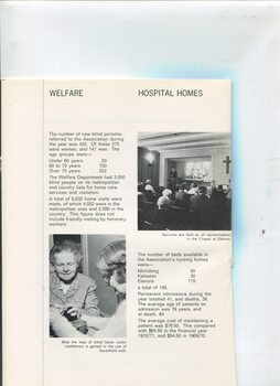 Overview of Welfare and Hospital Homes with images of service in Chapel at Elanora and women teaching another in her home