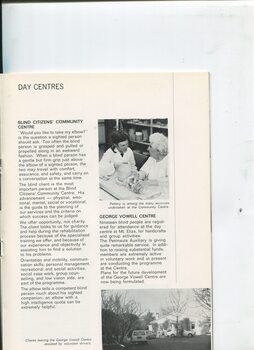 Overview of Day Centres at Kooyong and George Vowell with image of woman learning pottery and cars outside George Vowell centre