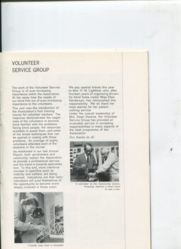 Overview of Volunteer Service Group and a woman helps another with caneware whilst a man teaches another to use a saw