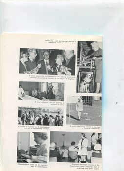 Images of a woman weaving with guide dog under loom, learning to use binaural spectacles, rhythemic movement class, Braille reading, holiday in Sydney, table top bowling and bowling shield winners