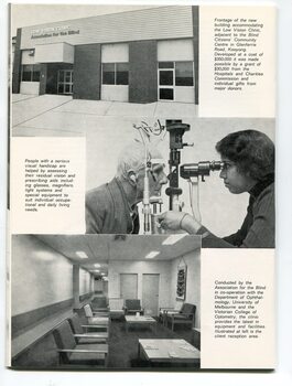 Front of Low Vision Clinic at Kooyong, man has eyes examined via slit lamp, reception area of Low Vision Clinic