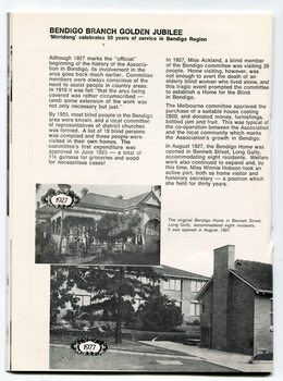 Bendigo Branch Golden Jubilee, with images of 1st home in Bennett St in 1927 and Mirridong in 1977.