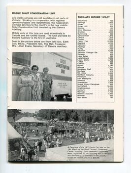 Overview of Mobile Sight Conservation Unit.  Panorama view of Kooyong Fair.  Edith Lain, Peg Hall & Lillian Evans, from Elanora Auxiliary, outside unit.