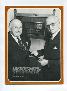 Sir Henry Bolte and Pat LIghtfoot in front of plaque unveiled for H.M. Lightfoot Centre