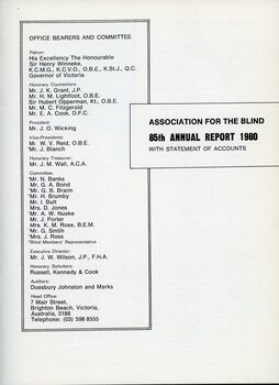 Title page of annual report with list of office bearers and committee