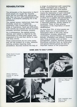 Woman using a needle threader.  Person feeling the time on a Braille clock.  Woman using a signature template.  Woman holding a vegetable slicer as she cuts some food.