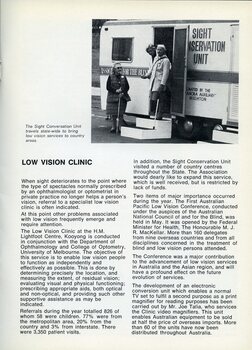 Two elderly woman with white canes outside a caravan labelled 'Sight Preservation Unit' with another woman looking out the door