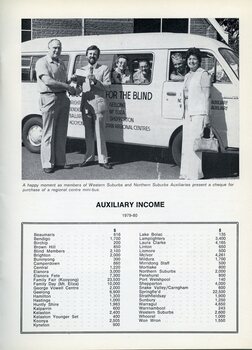 Auxiliary members present a cheque to AFB staff, while a mini-bus of members looks on