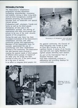 Nursing home residents in a swimming pool.  Three elderly woman weave in a craft room.