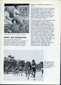 Two women ride a tandem bicycle.  Jeff Mc Neill and Peter Rickards compete with others in the National Track Championships.