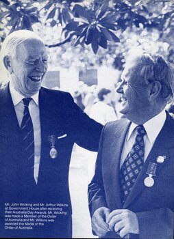 John Wicking and Arthur Wilkins catch up after receiving Australia Day awards at Government House