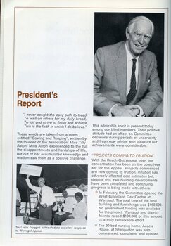 Presidents report with portrait of John Wicking and Sir Leslie Froggatt holds a giant cheque at a meeting