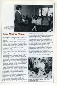Dr Allan Johnston addressing Visiting Teacher staff at meeting.  Margaret Lawrence cutting 10th anniversary cake at Low Vision Clinic.
