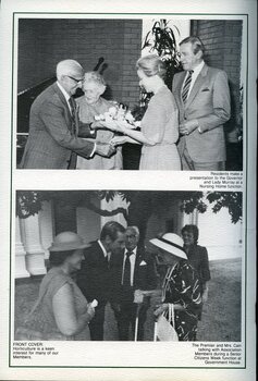 Residents present flowers to Lady Murray and Governor Murray.   Premier Cain and wife Nancye talking to AFB members at a function at Government House