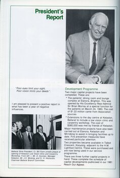 President's report with portrait of John Wicking and Don Dunstan, John Wicking, Cr. H. Hitchcock and Cr Bill Flynn look at a plaque at the opening of the Kelaston Low Vision Clinic.
