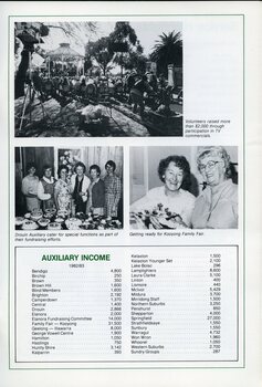 Rear view of a seated crowd participating in a commercial, with TV cameras and lighting.  Drouin Auxiliary members at a cake stall.  Two women hold handicrafts destined for Kooyong Fair.