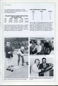 Two elderly men enjoy bowls.  Blind members in a mini-bus.  Edna Wilson receives John Wilson Award from Bryan Sitlington.