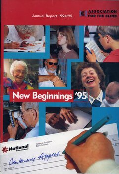 Seven pictures of blind and vision impaired people doing various activities, one image of hands on a Braille page and at the base of the cover, a hand writing a cheque to the Centenary Appeal.