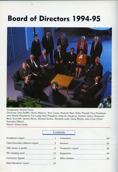 Board of Directors sit around a coffee table in the Plaza area at Kooyong: Draffin, Malycon, Cocks, West, Pleydell, Moule, Lustig, Daubney, Upton, Wurm, Gorton, Judd, Proctor and Cook.