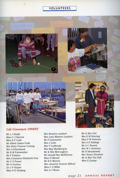 A man measures during a game of carpet bowls.  Two 3RPH volunteers with newspapers. Four men walk along a pier filled with sailboats.  A blind woman, with white cane, speaks to school children.