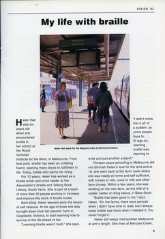 Helen Hall at the Richmond train station, waiting for her train as people pass by.