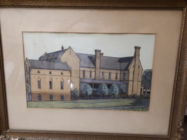 Drawing of sandstone building in wooden frame