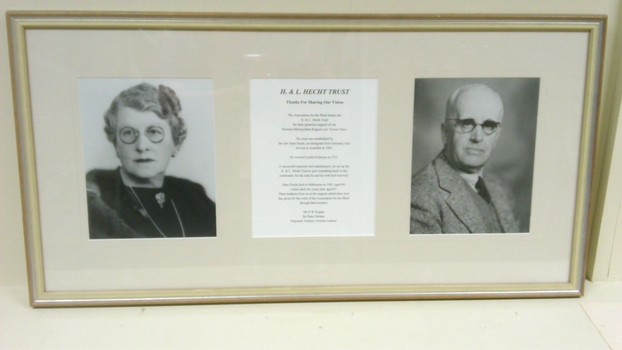 Portraits of Letitia and Hans Hecht either side of written page
